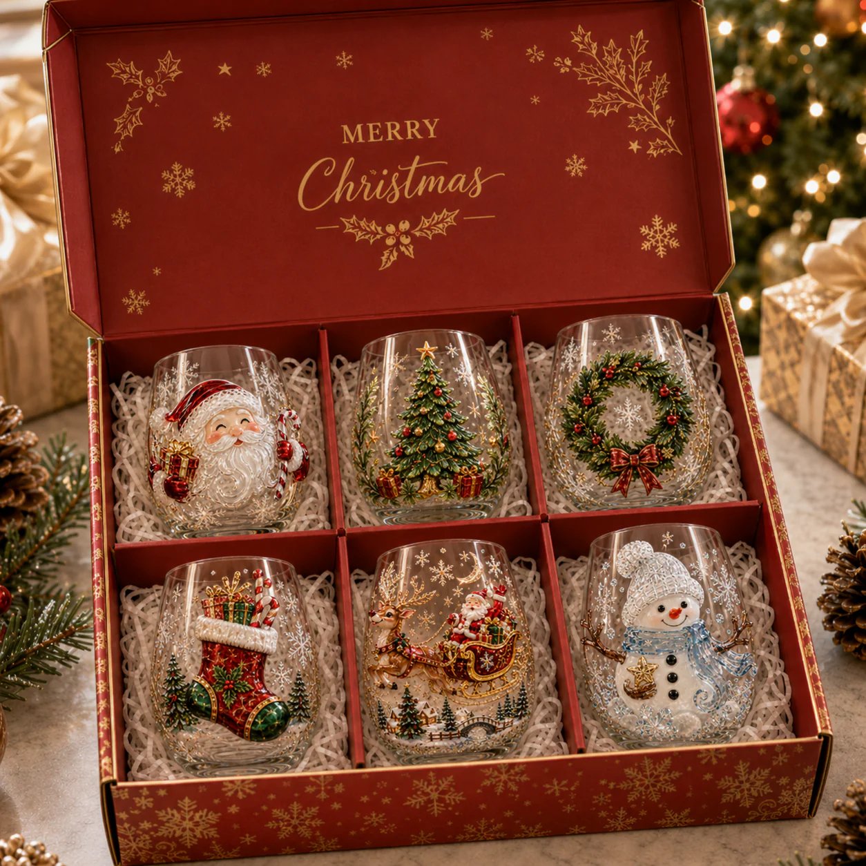 Magical Christmas 3D Glass Cup Collection – Santa, Reindeer, Snowman & Christmas Tree